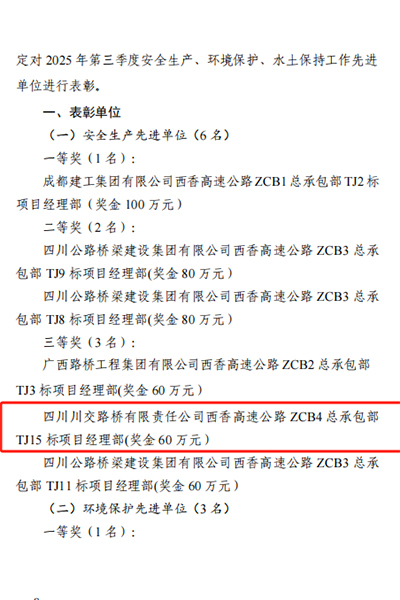 西香高速TJ15標安全及環(huán)水保榮膺全線考核三等獎